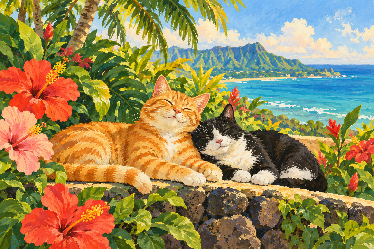 Storybook illustration of two cats together in a colorful tropical garden